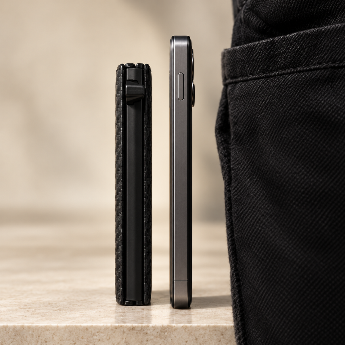 Slim Wallet Pro sett fra siden ved siden av en telefon